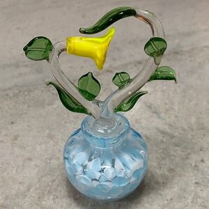 Hand blown glass Perfume Jar w lid, leaves and  flower